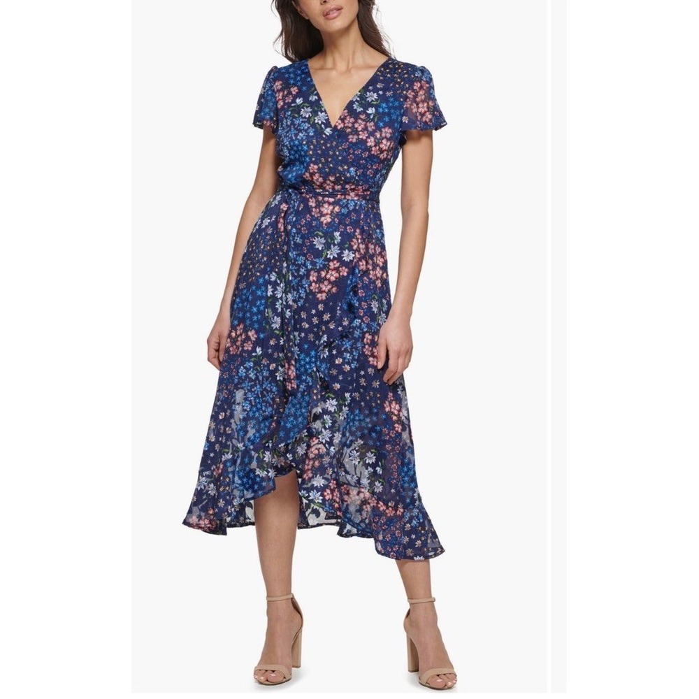 Kensie Faux Wrap Floral Midi Dress Size  6 Ruffled Sleeves Flowy Ruffled Hem New